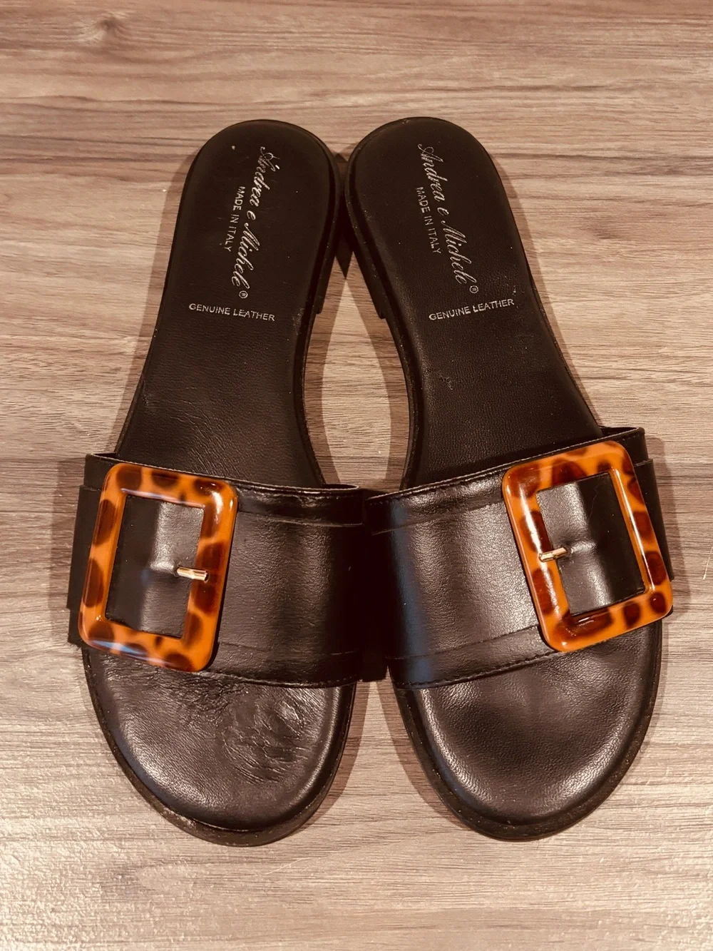 Genuine Italian Leather Tortoiseshell Slide Sandals Buckle Accent US 9.5 Summer